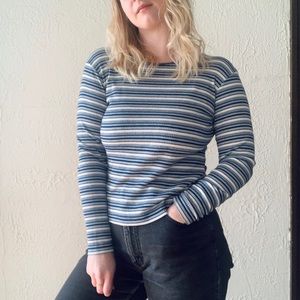 Navy blue and white long sleeve shirt